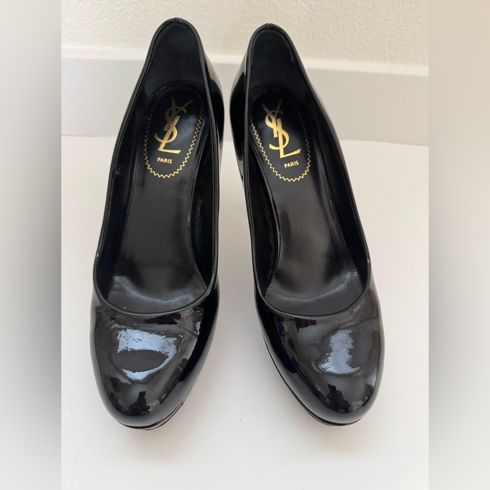 Yves Saint Laurent YSL Tribute Black Patent Leather Platform Heels Pumps 37.5 - Picture 8 of 12